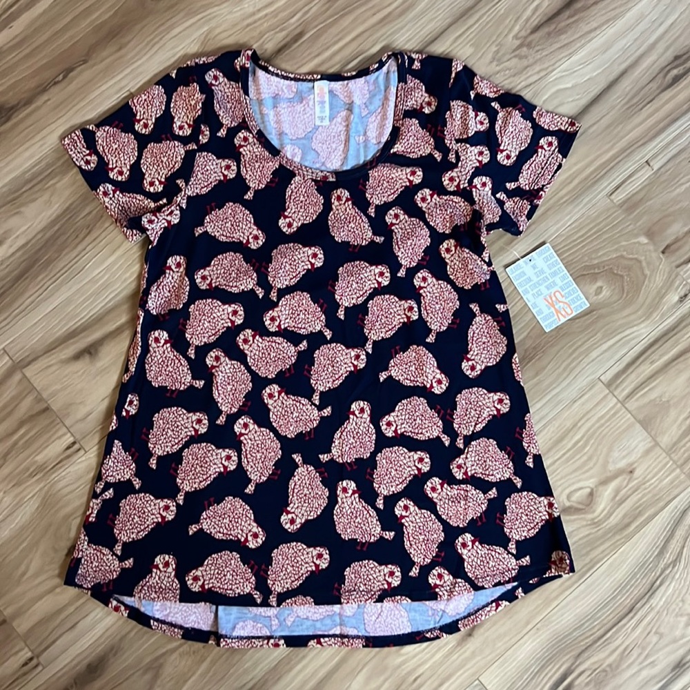 NWT LuLaRoe XS Classic T Navy Blue all-over Red Bird Print Kitschy Whimsy Soft